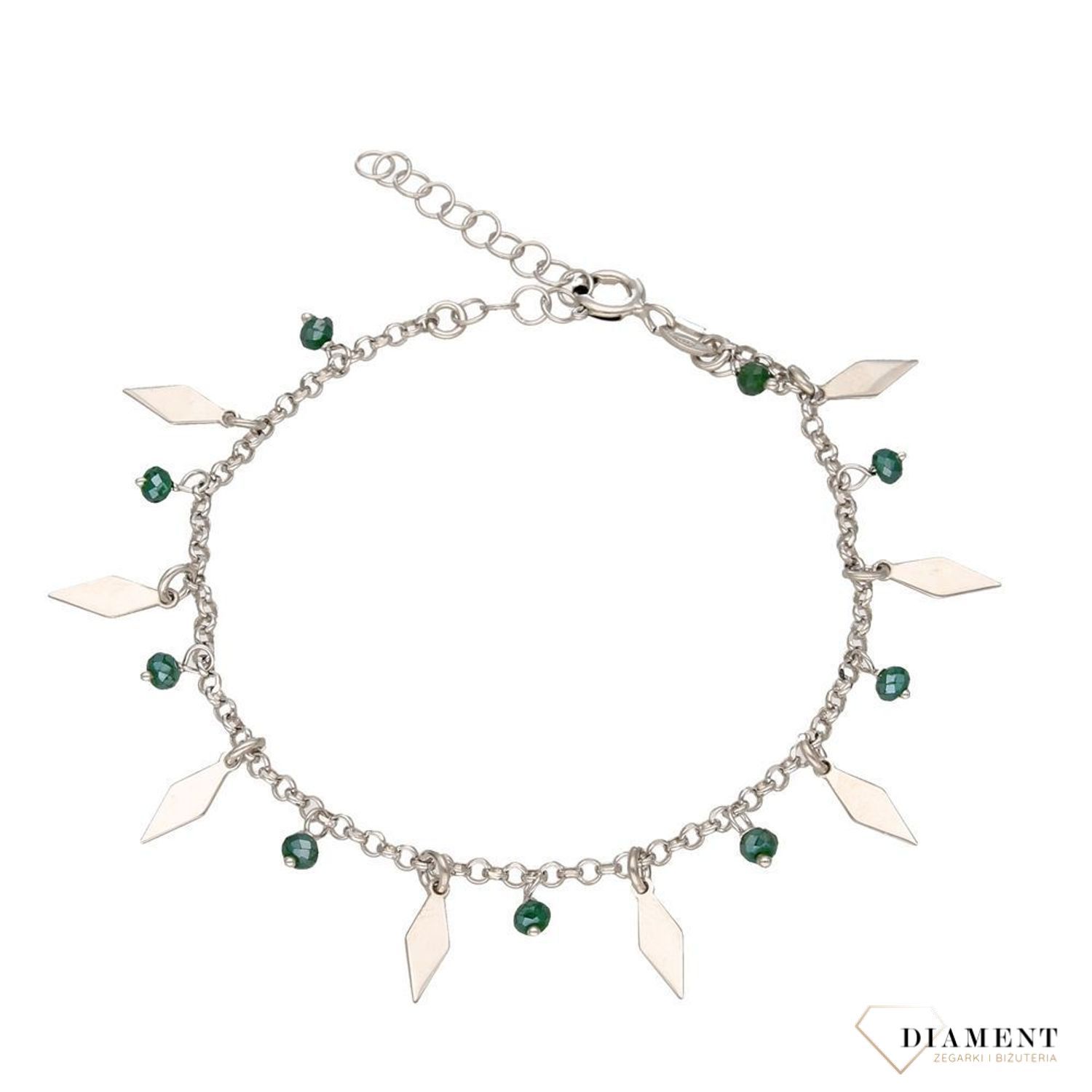 Bransoletka srebrna z motywem gładkich rombów i zielonych wiszących koralików. Bransoletka to idealny pomysł na prezent dla kobiet. Zapraszamy!.jpg