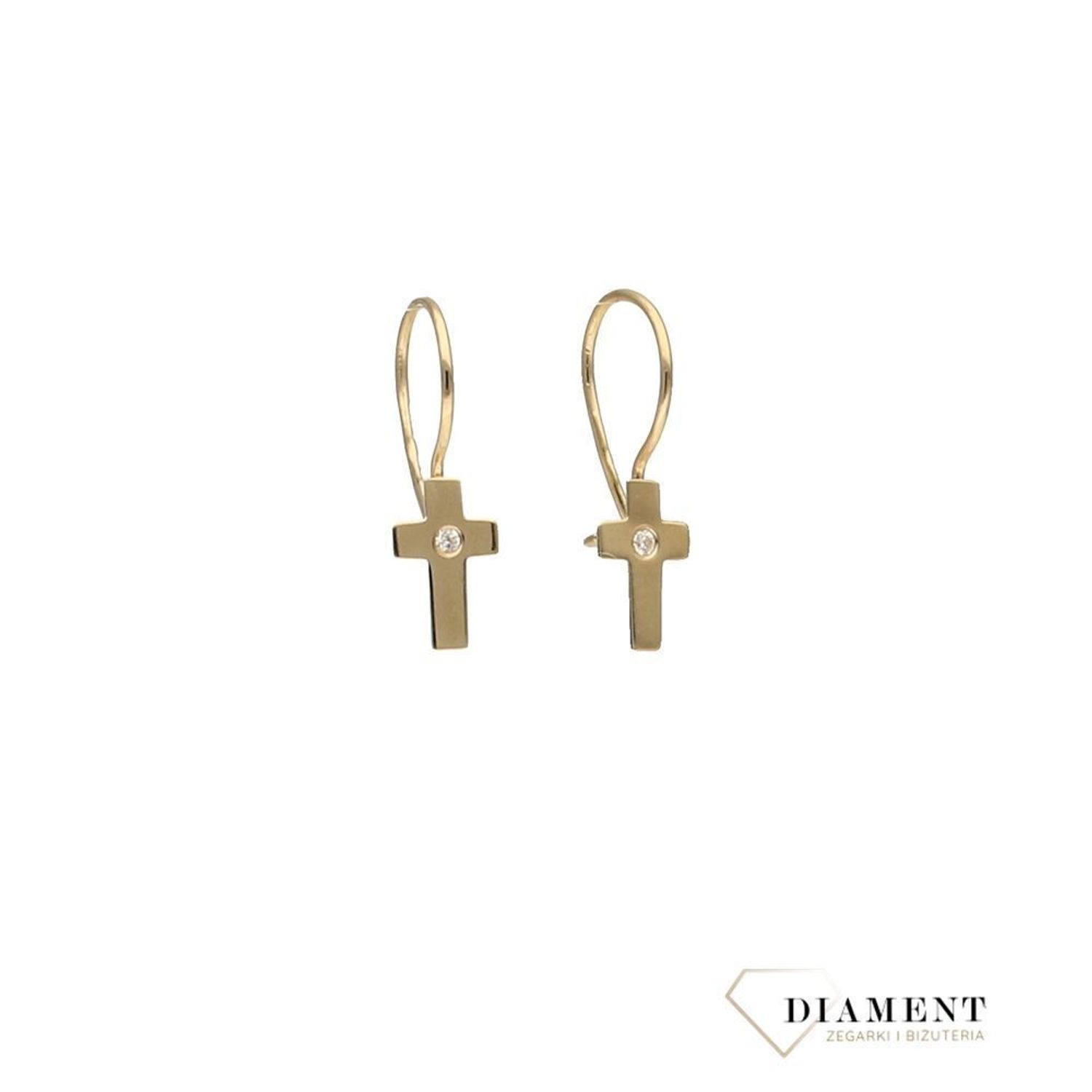 Złote kolczyki w kształcie krzyżyków z drobną cyrkonią na środku..jpg