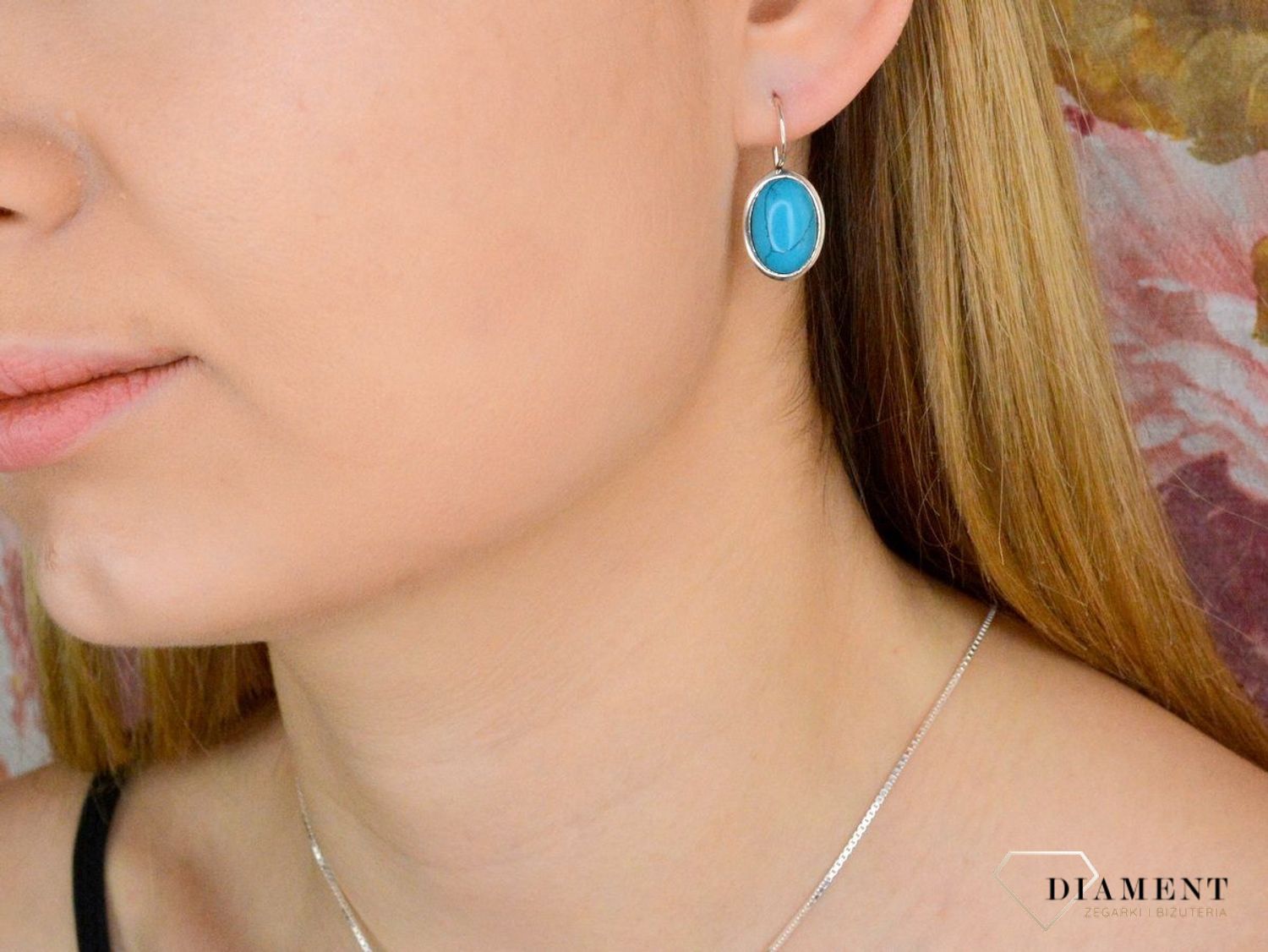 Srebrne kolczyki o owalnym kształcie wiszące z kamieniem turkusowym S2K000000-669A.jpg