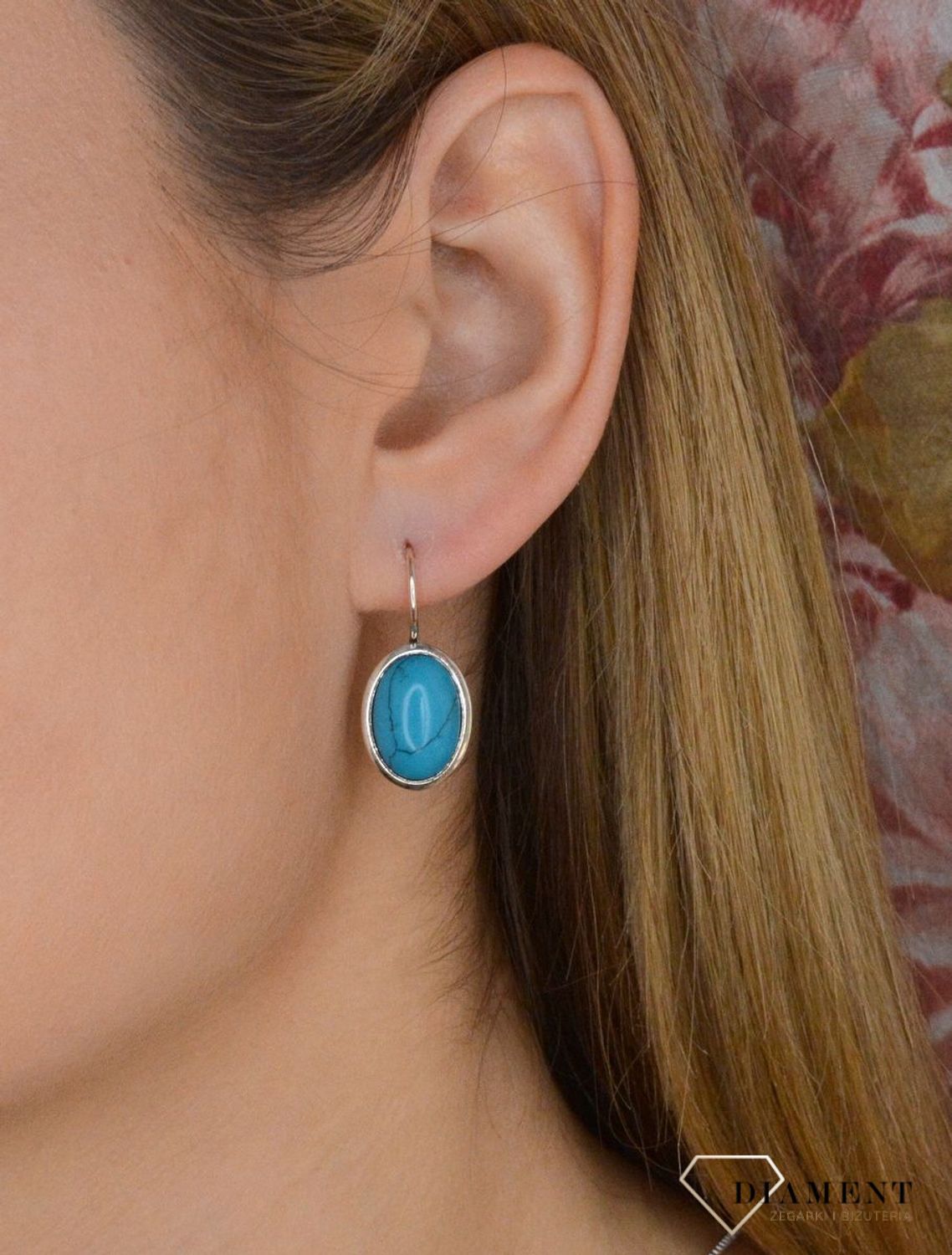 Srebrne kolczyki o owalnym kształcie wiszące z kamieniem turkusowym S2K000000-669A.jpg