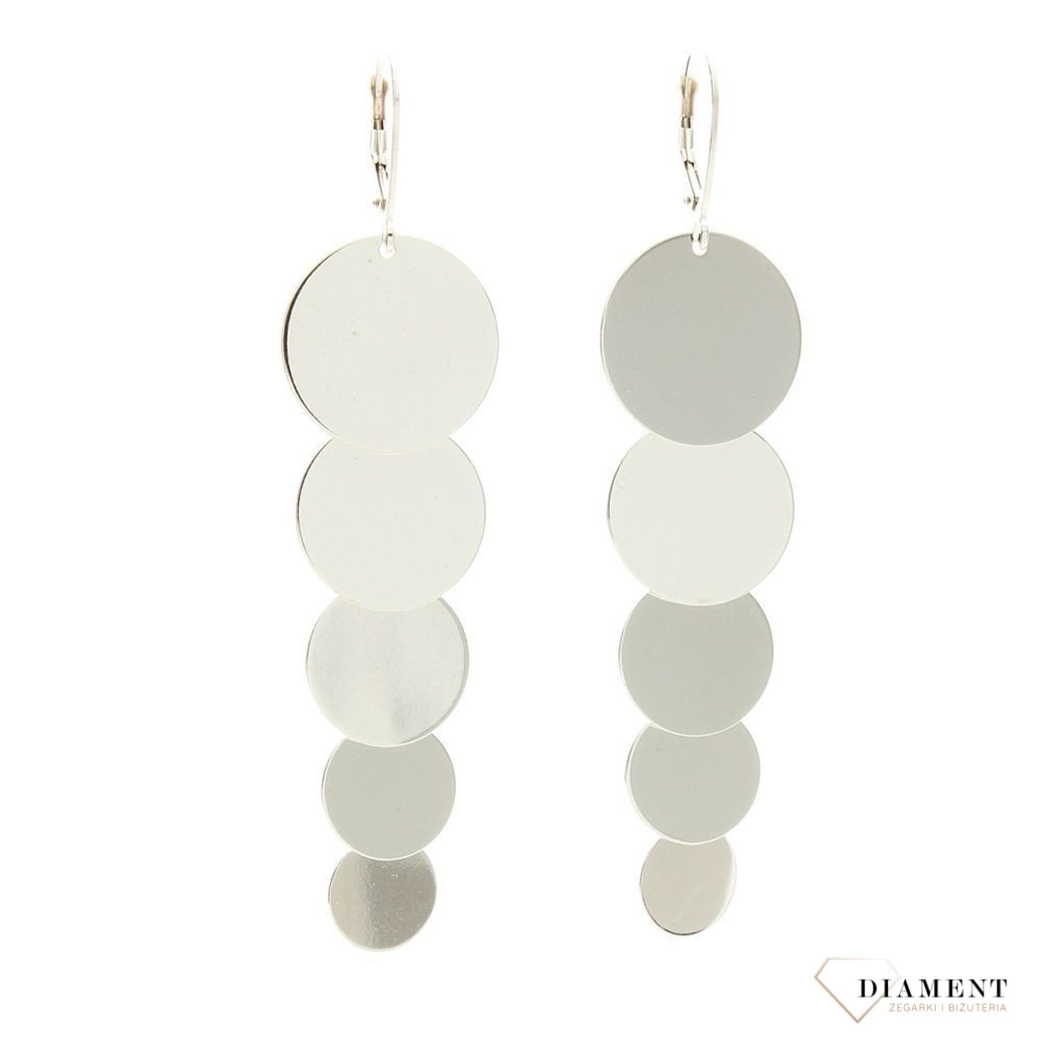 Długie kolczyki srebrne składające się z połączonych ze sobą gładkich blaszek w kształcie koła. Kolczyki na zapięcie typu angielskie. Zapraszamy.jpg