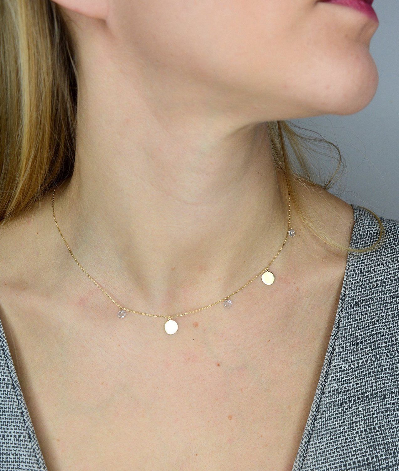 Naszyjnik celebrytka złoto z zawieszkami kółka i białą cyrkonią S2N000000-460.jpg