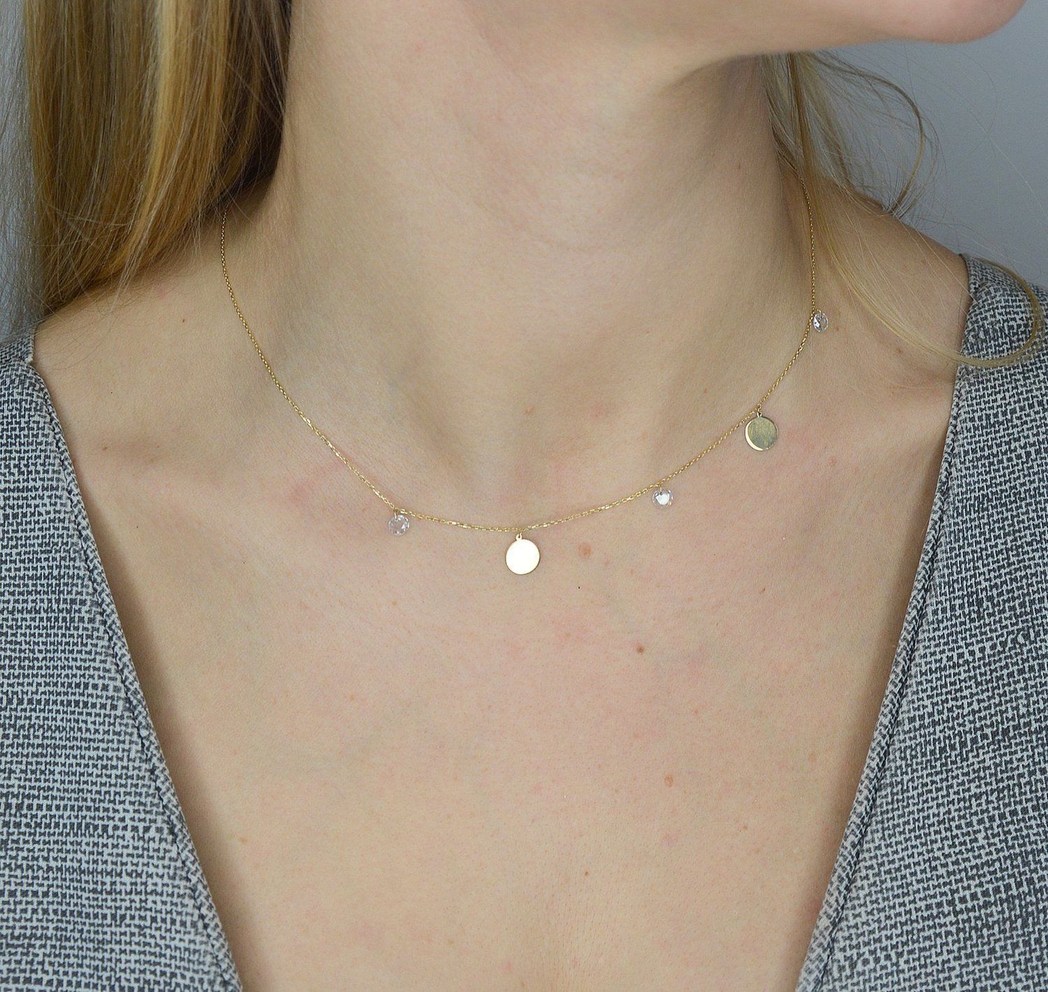 Naszyjnik celebrytka złoto z zawieszkami kółka i białą cyrkonią S2N000000-460.jpg