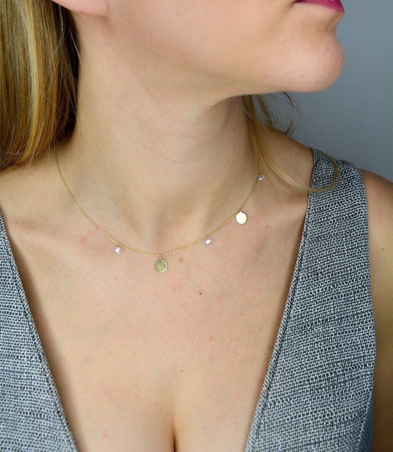 Naszyjnik celebrytka złoto z zawieszkami kółka i białą cyrkonią S2N000000-460.jpg