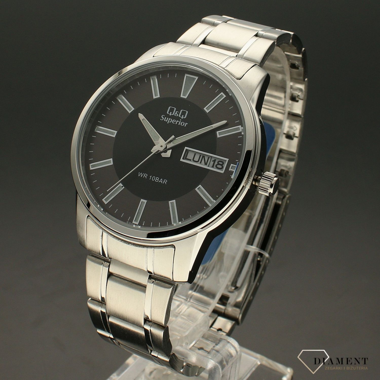 Zegarek męski na bransolecie z czarną tarczą QQ Superior S330-202 stalowy.jpg