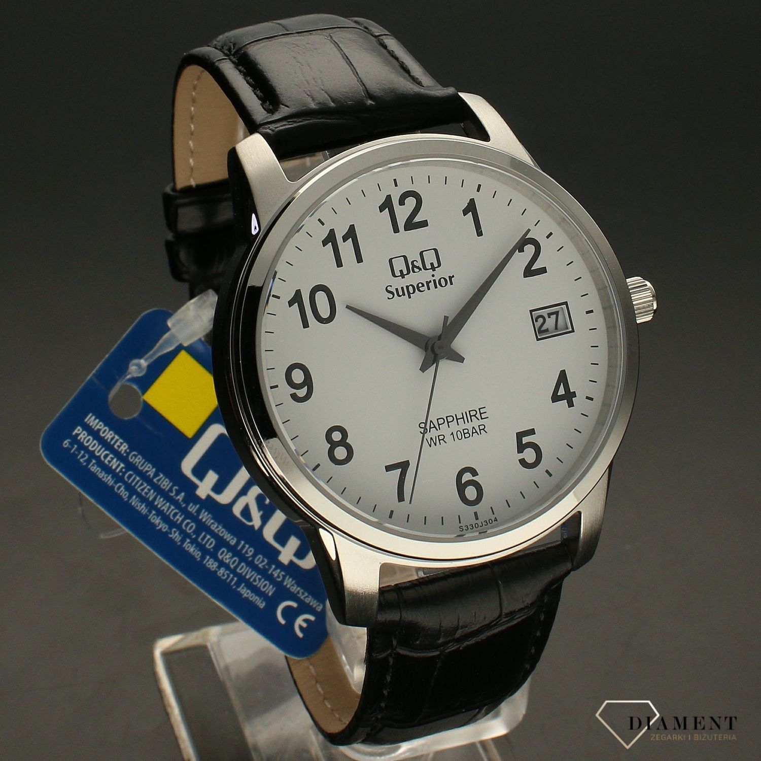 Elegancki zegarek męski na czarnym pasku skórzanym  z białą tarczą QQ S330-304 ⌚.webp