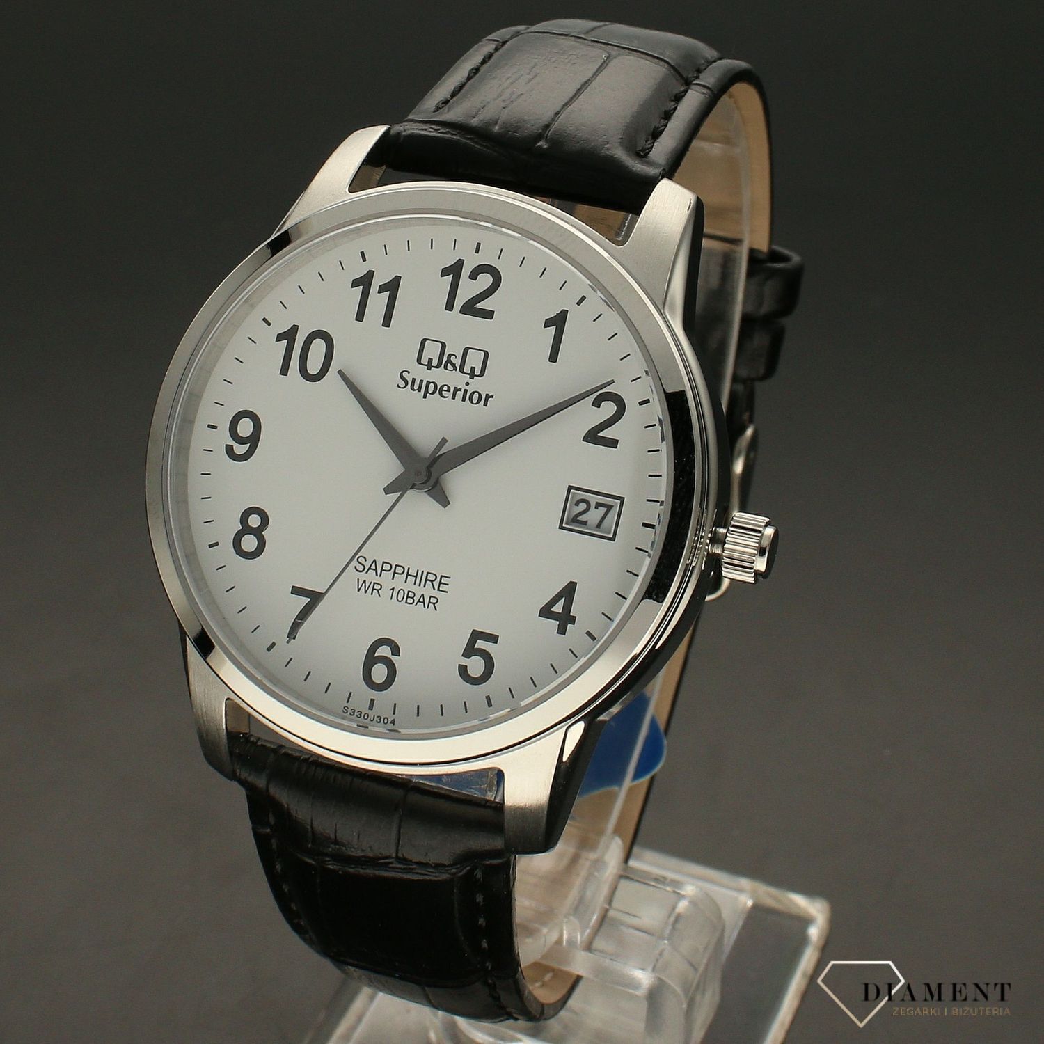 Elegancki zegarek męski na czarnym pasku skórzanym  z białą tarczą QQ S330-304 ⌚.webp