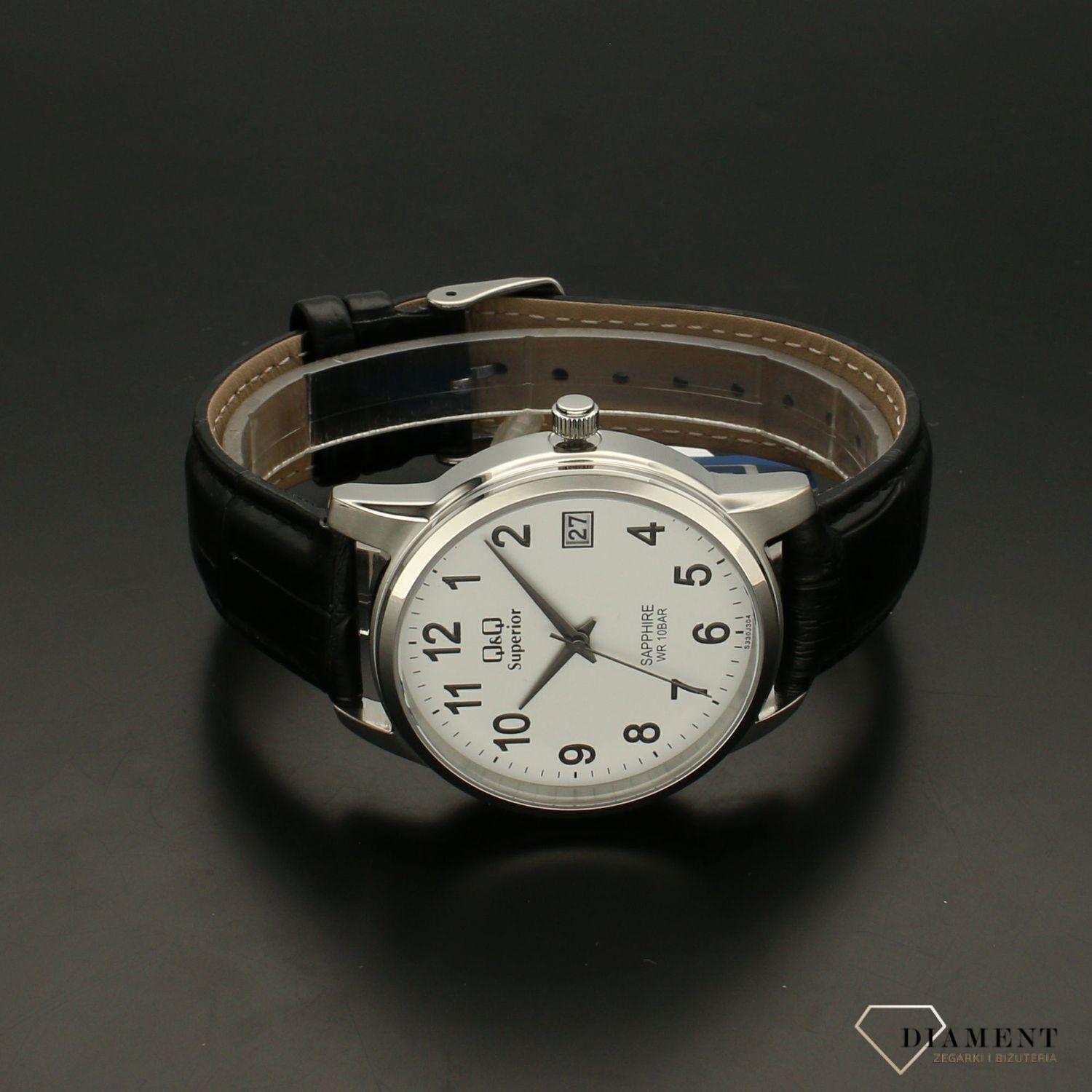 Elegancki zegarek męski na czarnym pasku skórzanym  z białą tarczą QQ S330-304 ⌚.webp