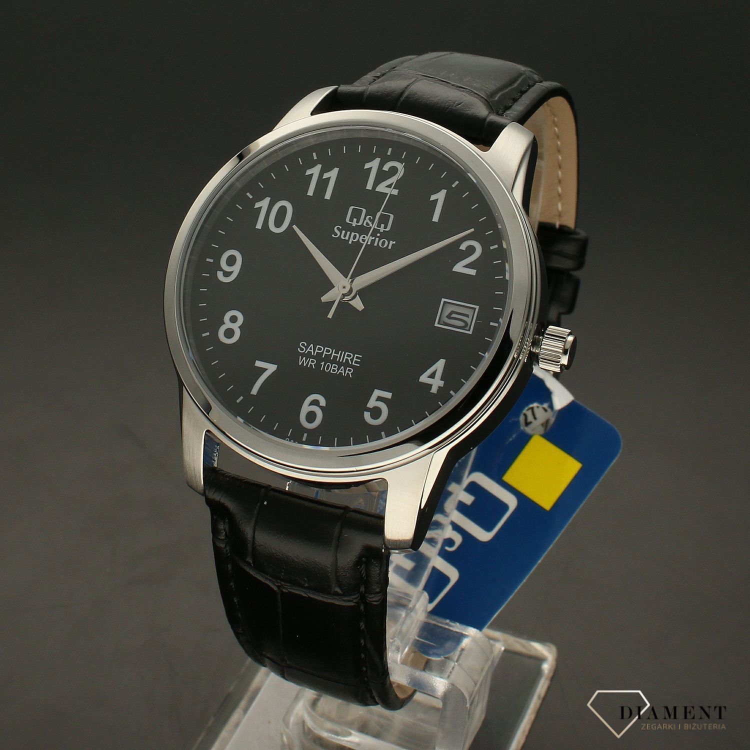 Elegancki zegarek męski na czarnym pasku skórzanym  z czarną tarczą QQ S330-305 ⌚.webp