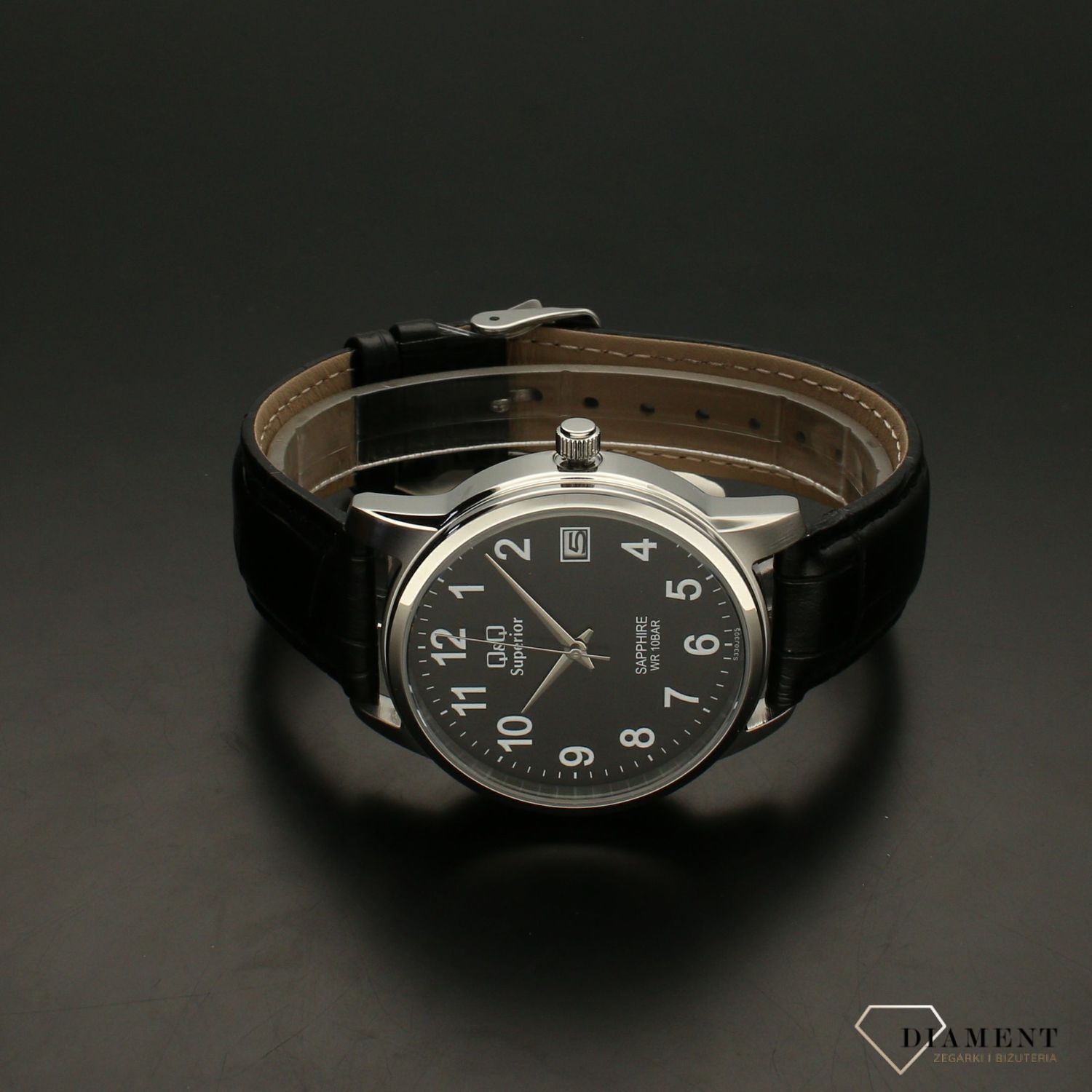 Elegancki zegarek męski na czarnym pasku skórzanym  z czarną tarczą QQ S330-305 ⌚.webp