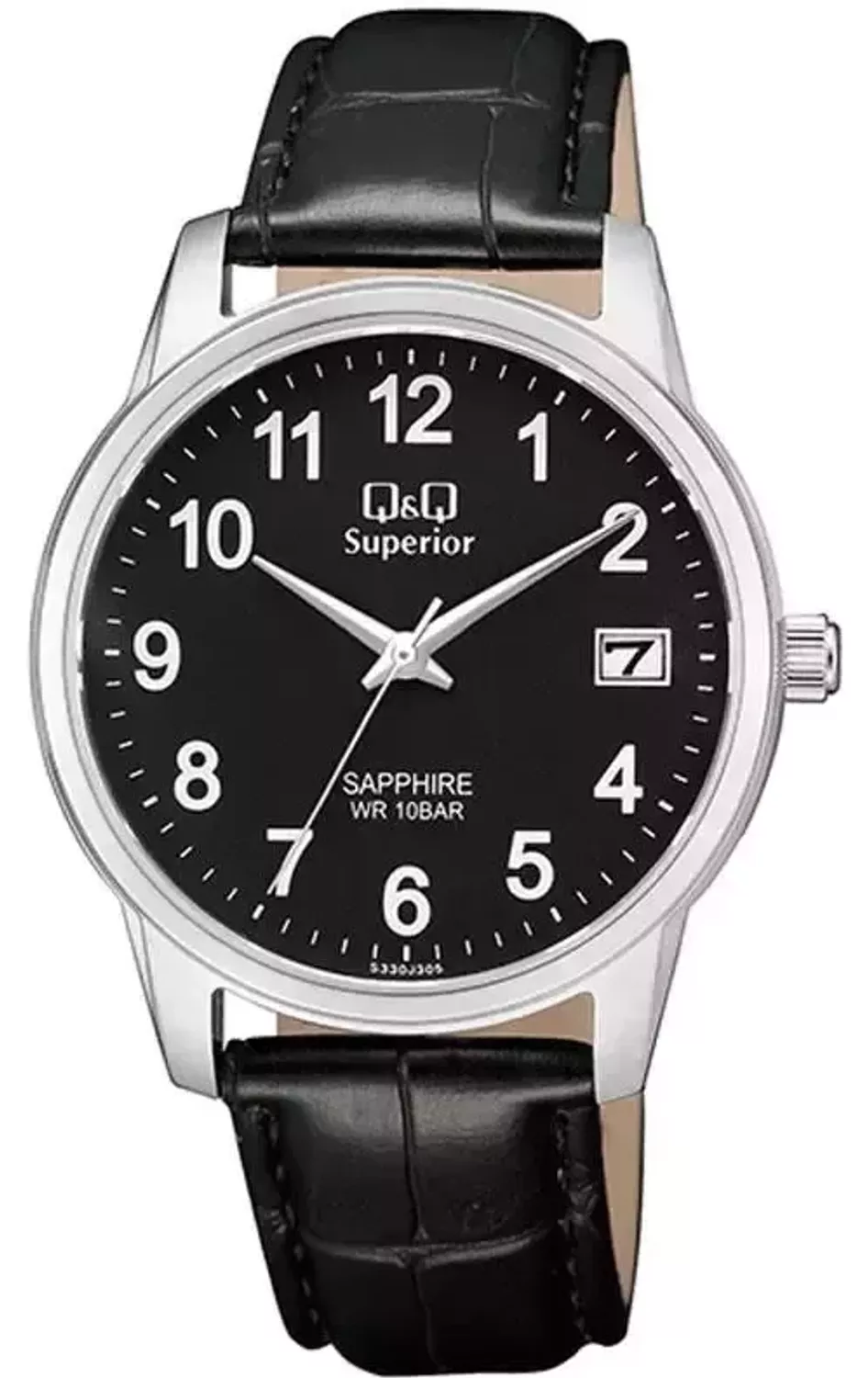 Elegancki zegarek męski na czarnym pasku skórzanym  z czarną tarczą QQ S330-305 ⌚.webp