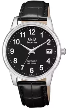 Elegancki zegarek męski na czarnym pasku skórzanym  z czarną tarczą QQ S330-305 ⌚.webp