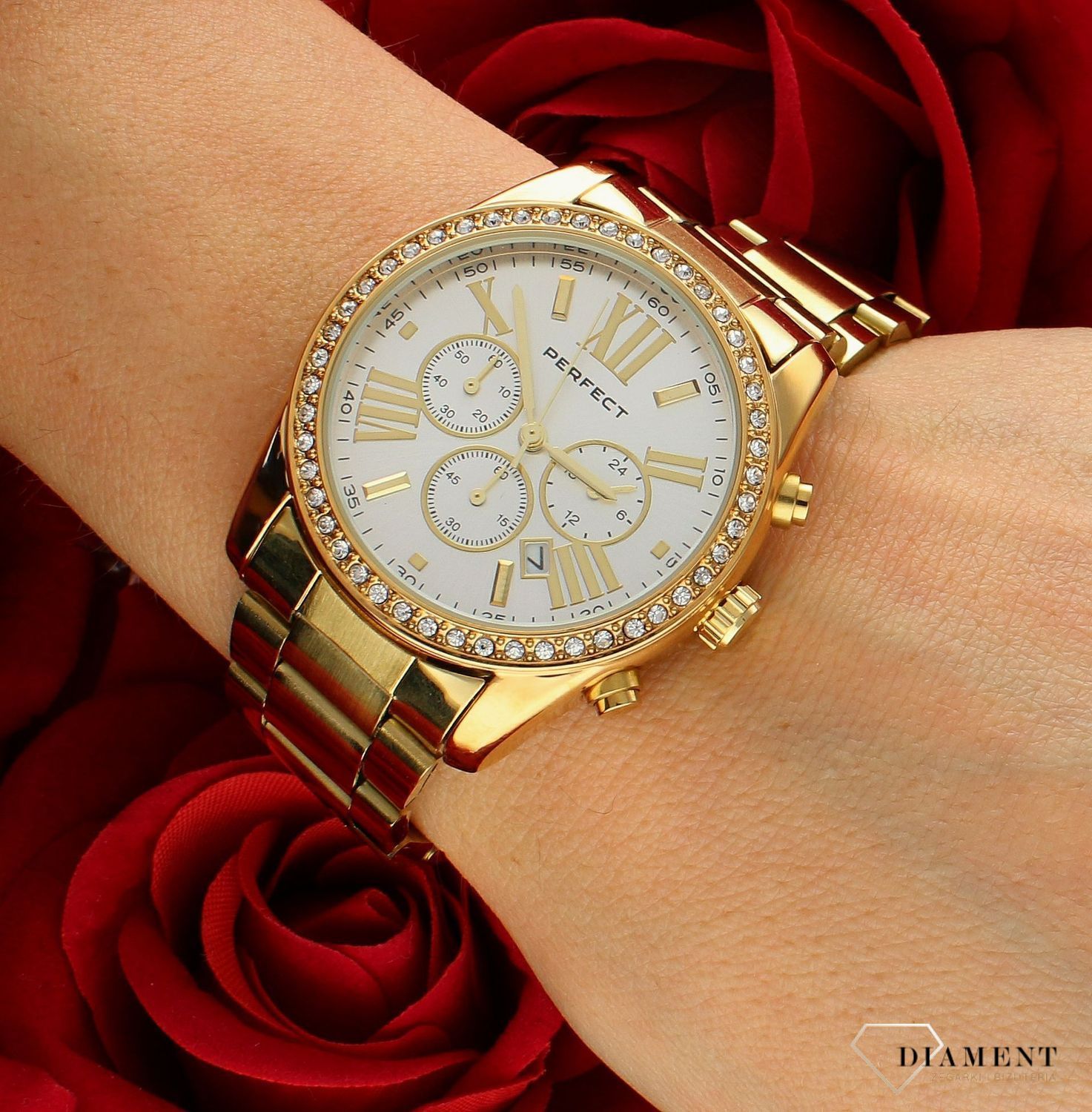 Damski zegarek Perfect  złoty S386-02 typu MK Chronograph. kup Damski Zegarek Kwarcowy w Zegarki-diament.pl perfect wodoszczelność 30m = WR30 ☝ taniej - Najwięcej ofert w jednym miejscu. Grawer gratis. Modny zegarek damski2.jpg