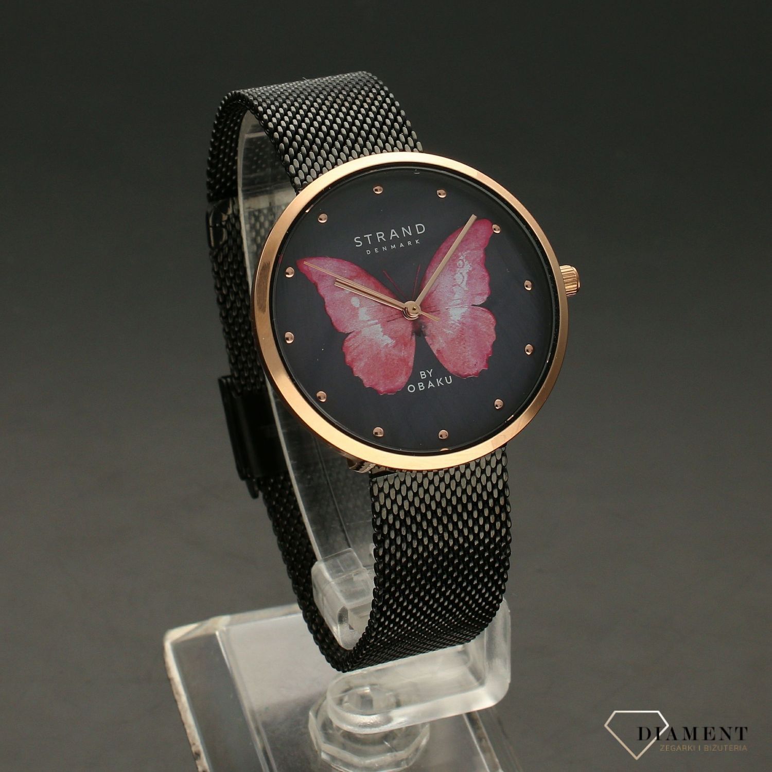 Zegarek damski STRAND Butterfly rożowy S700LXVBMB-DBP . Strand Butterfly to elegancki zegarek damski z oryginalną, czarną tarczą z masy perłowej, ozdobioną motywem różowego motyla. Zegarek damski posiada indeksy w k8.jpg