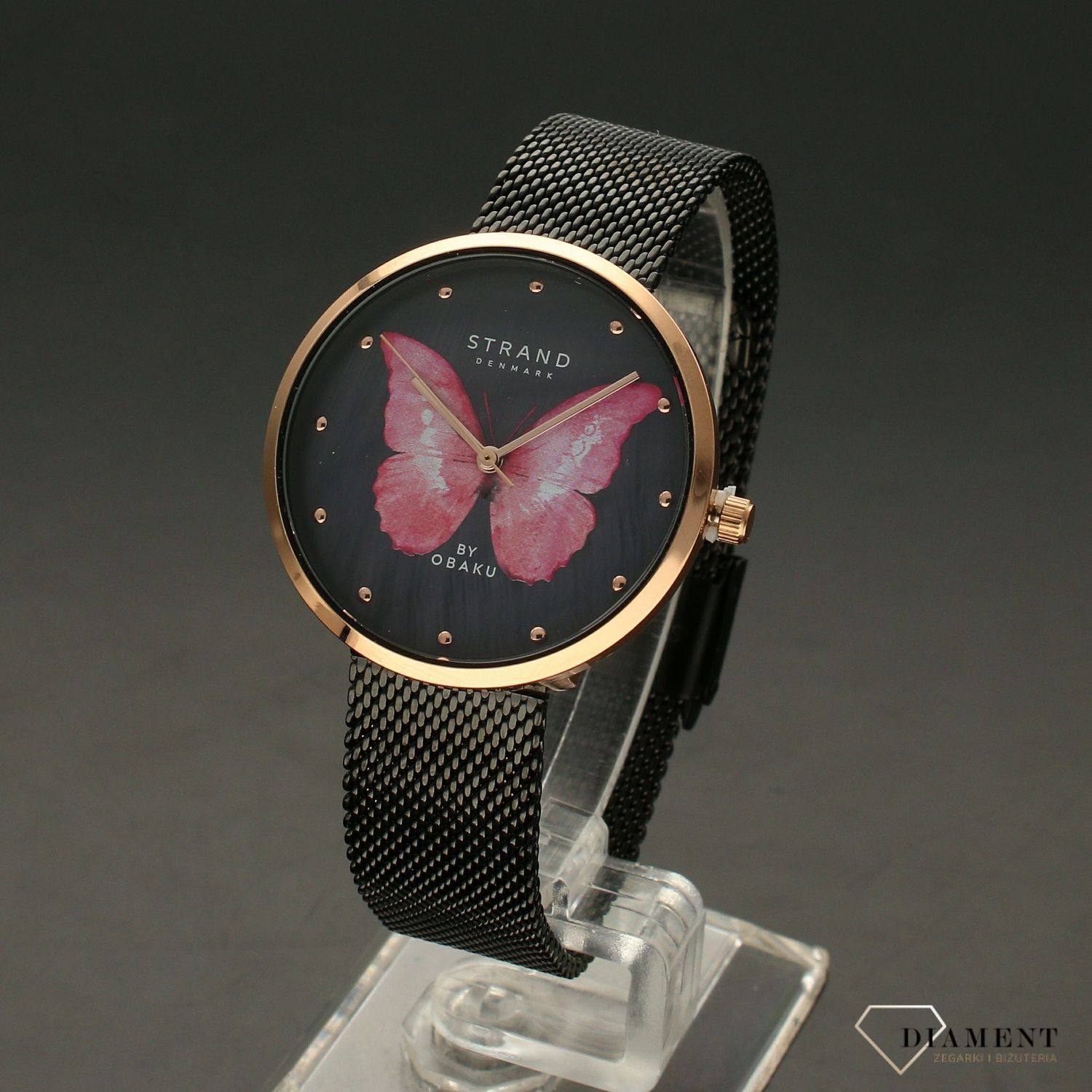 Zegarek damski STRAND Butterfly rożowy S700LXVBMB-DBP . Strand Butterfly to elegancki zegarek damski z oryginalną, czarną tarczą z masy perłowej, ozdobioną motywem różowego motyla. Zegarek damski posiada indeksy w k8.jpg