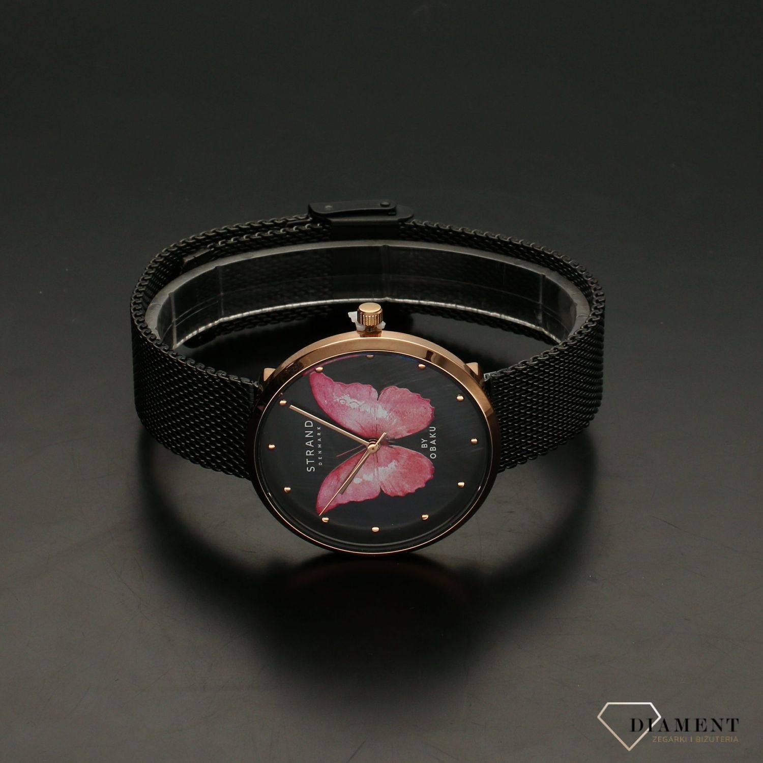 Zegarek damski STRAND Butterfly rożowy S700LXVBMB-DBP . Strand Butterfly to elegancki zegarek damski z oryginalną, czarną tarczą z masy perłowej, ozdobioną motywem różowego motyla. Zegarek damski posiada indeksy w k8.jpg