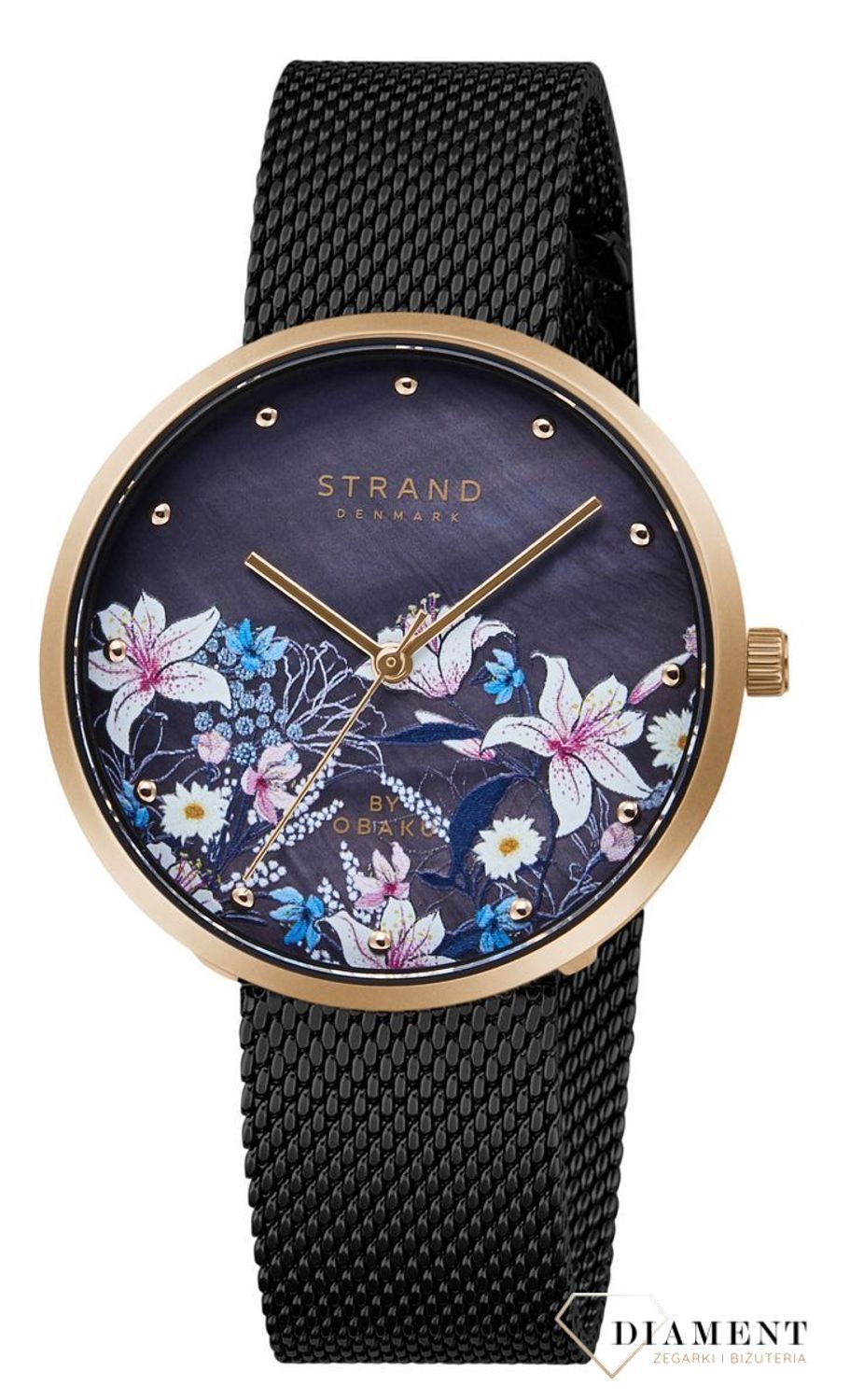 Zegarek damski STRAND Flower S700LXVBMB-DF. Strand Flower to elegancki zegarek damski z oryginalną, czarną tarczą z masy perłowej, ozdobioną motywem kwiatów. Zegarek damski posiada indeksy w kolorze różowego złota8.jpg