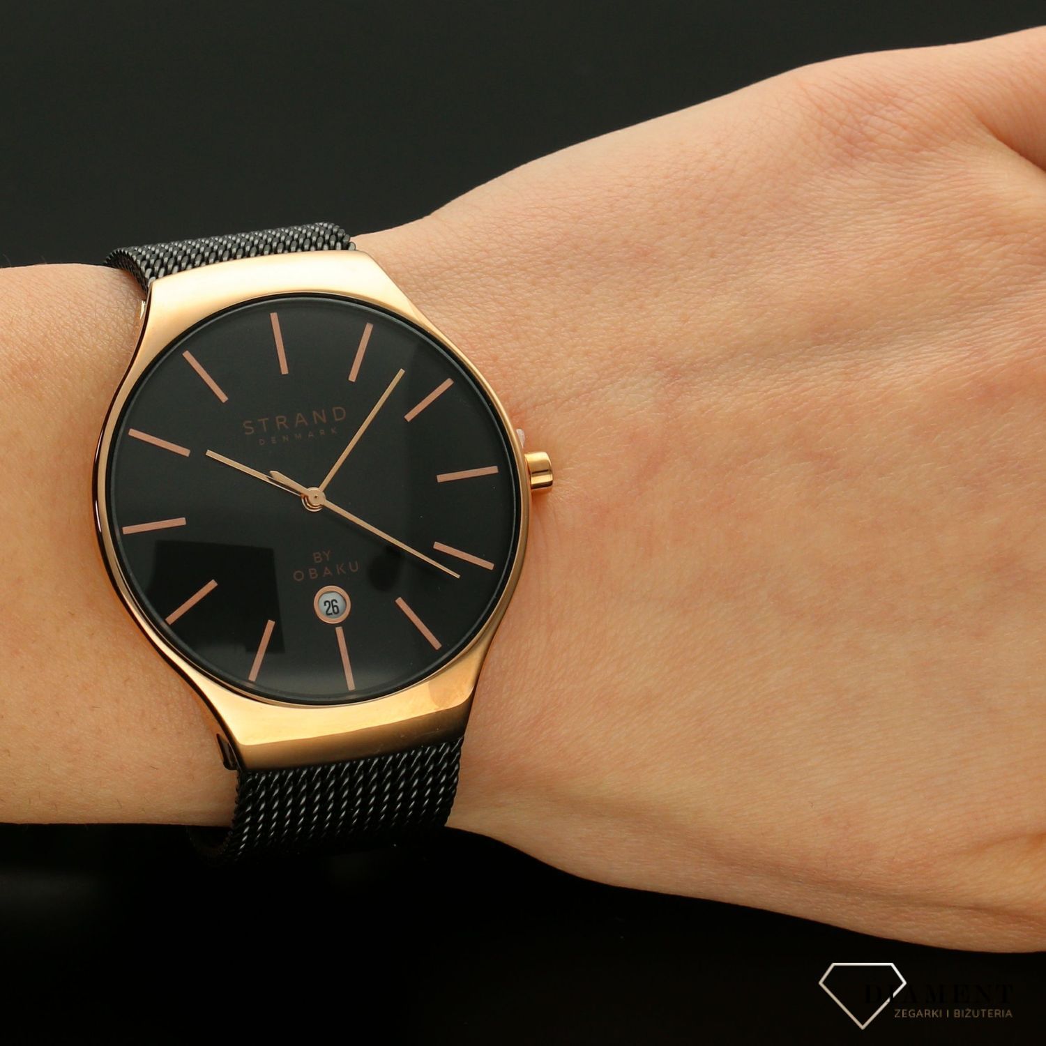 Zegarek męski Strand Caspian S701GDVBMB. Strand Caspian to elegancki zegarek męski z oryginalną, czarną tarczą. Zegarek posiada indeksy w kolorze różowego złota.88.jpg