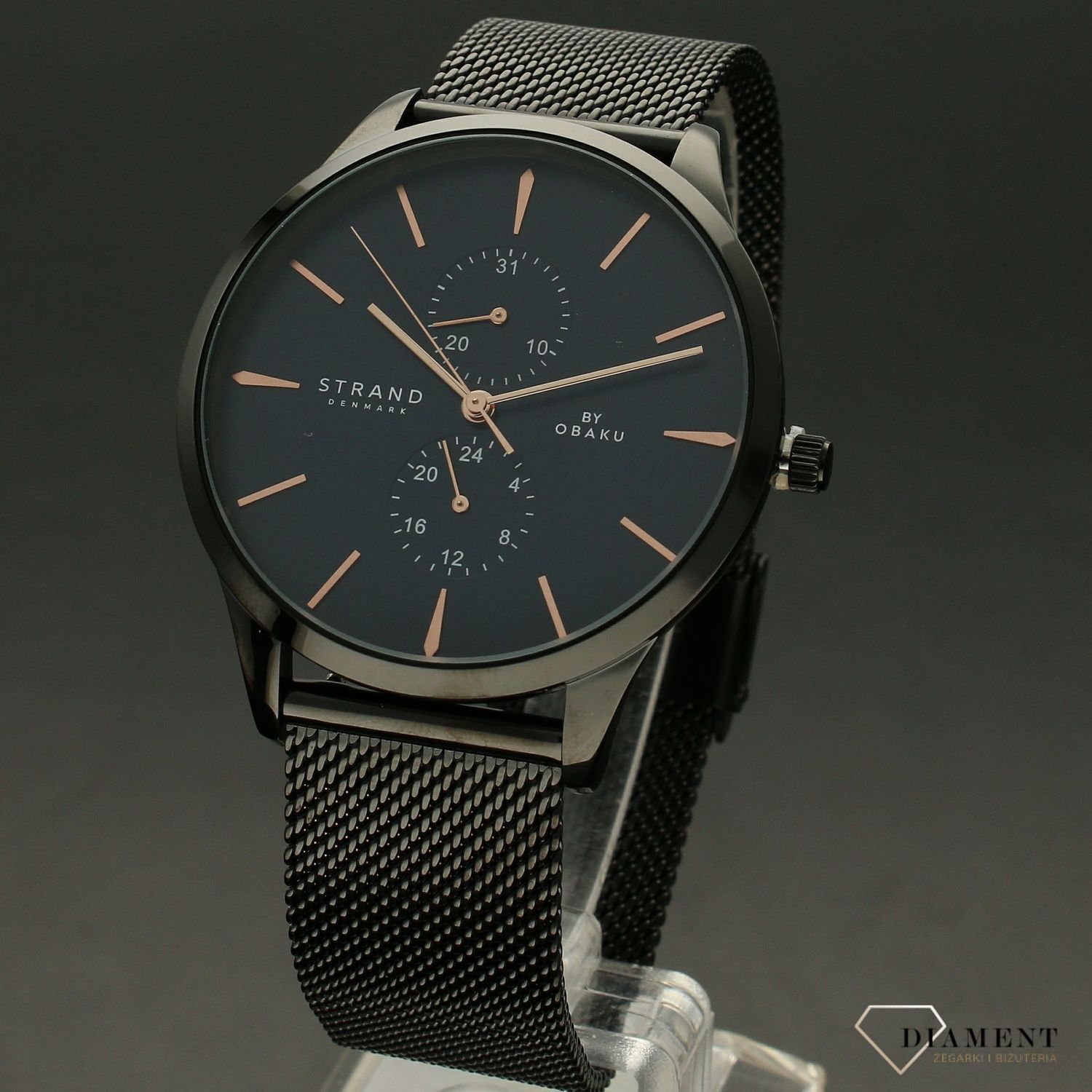 Zegarek męski Strand Beaufort S703GMBLMB. Strand Beaufort to elegancki zegarek męski z oryginalną, granatową tarczą. Zegarek posiada indeksy w kolorze różowego złota.55.jpg
