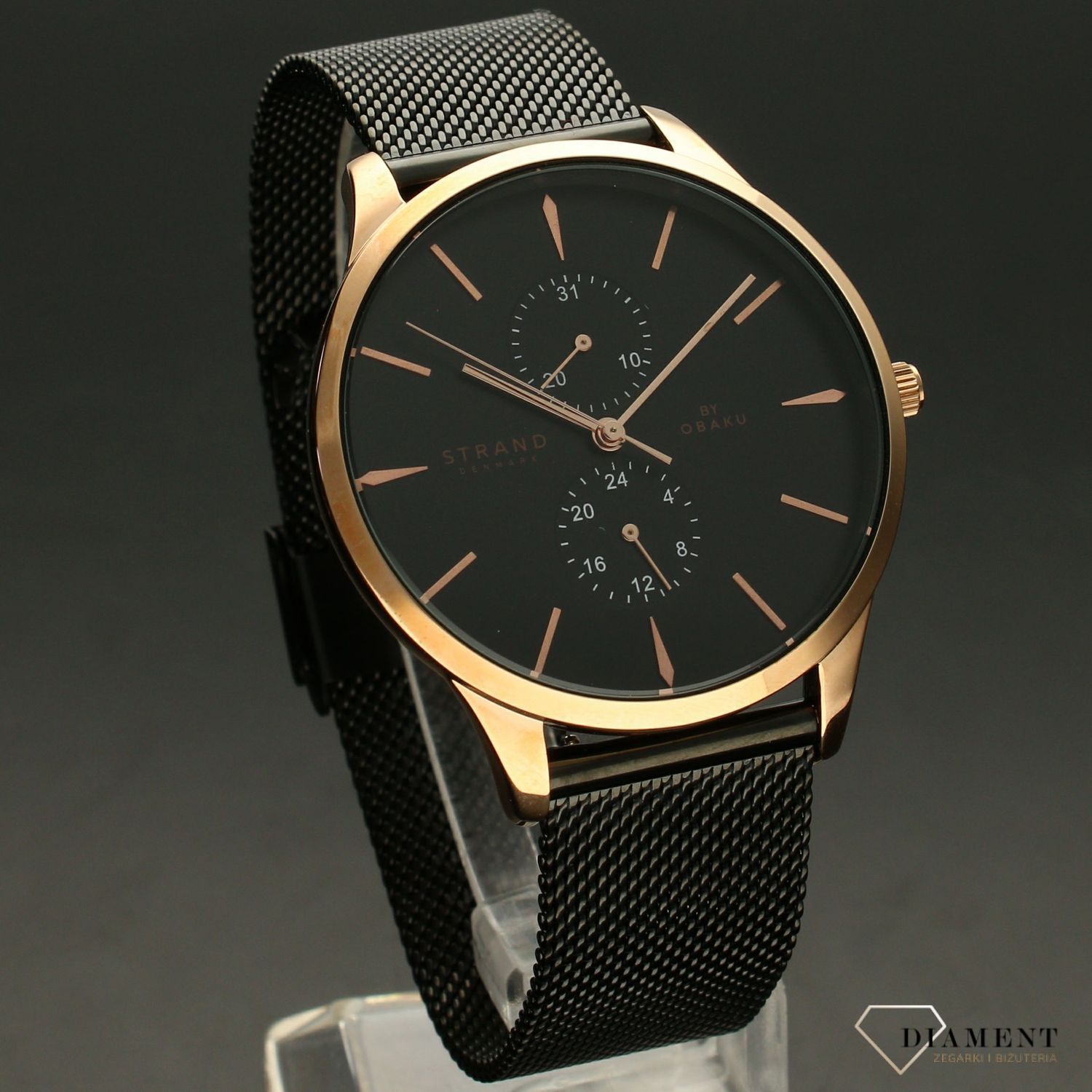 Zegarek męski Strand Beaufort  S703GMVBMB. Strand Beaufort to elegancki zegarek męski z oryginalną, czarną tarczą. Zegarek posiada indeksy w kolorze różowego złota.5.jpg
