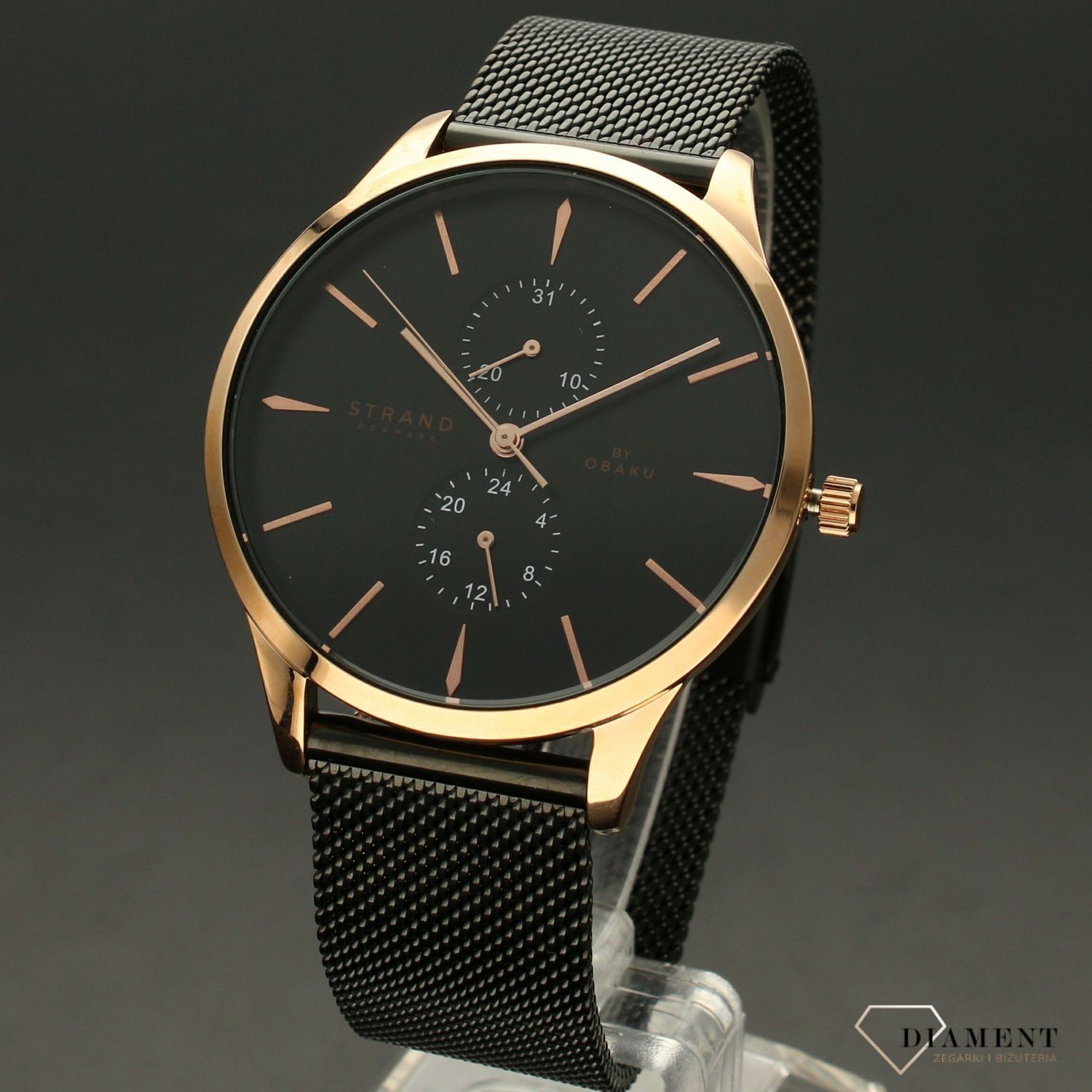 Zegarek męski Strand Beaufort  S703GMVBMB. Strand Beaufort to elegancki zegarek męski z oryginalną, czarną tarczą. Zegarek posiada indeksy w kolorze różowego złota.5.jpg