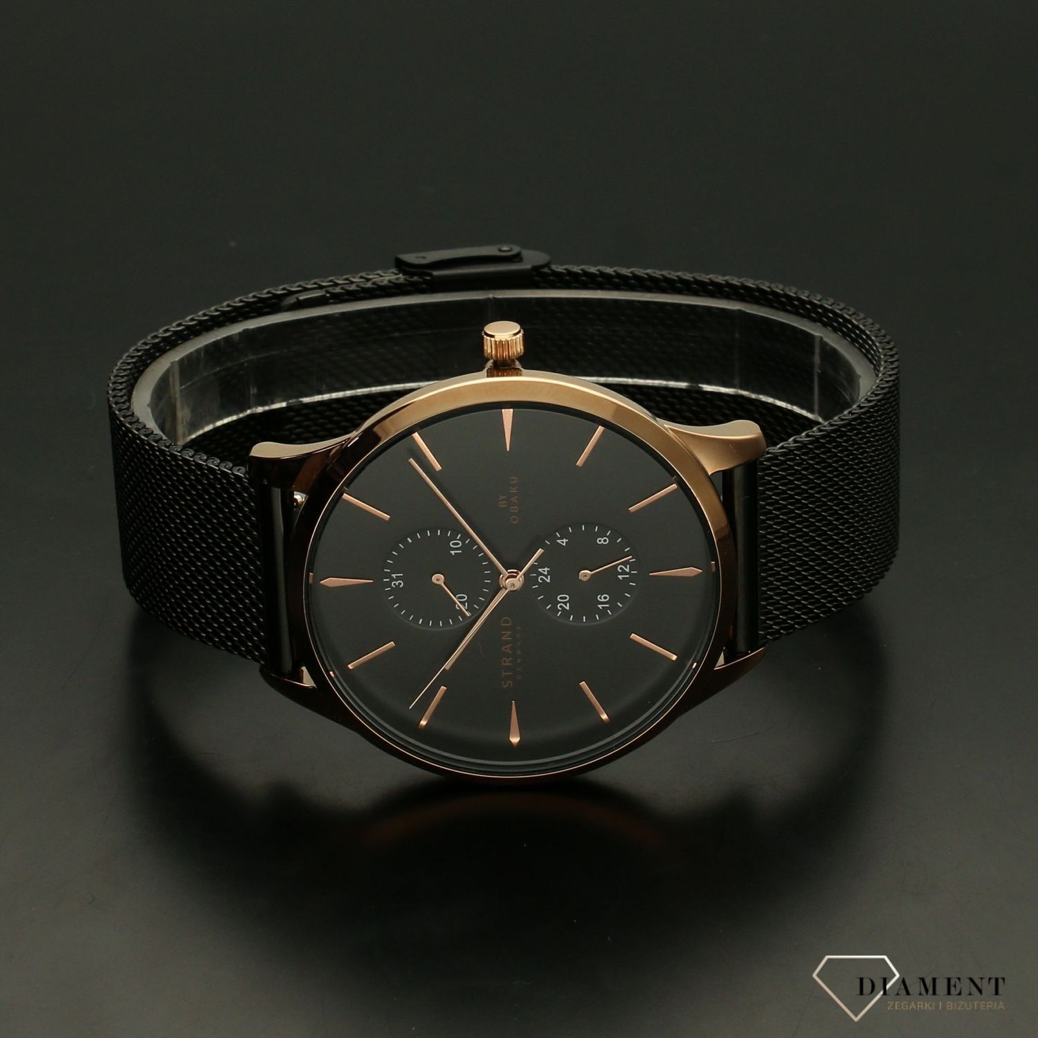 Zegarek męski Strand Beaufort  S703GMVBMB. Strand Beaufort to elegancki zegarek męski z oryginalną, czarną tarczą. Zegarek posiada indeksy w kolorze różowego złota.5.jpg