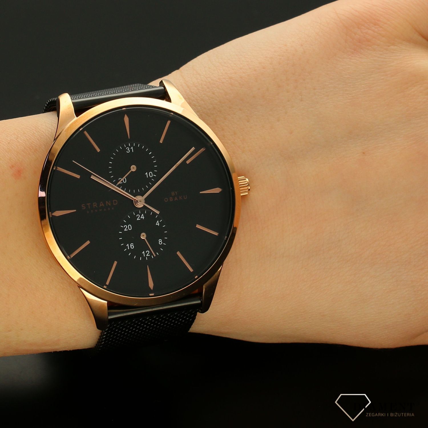 Zegarek męski Strand Beaufort  S703GMVBMB. Strand Beaufort to elegancki zegarek męski z oryginalną, czarną tarczą. Zegarek posiada indeksy w kolorze różowego złota.5.jpg
