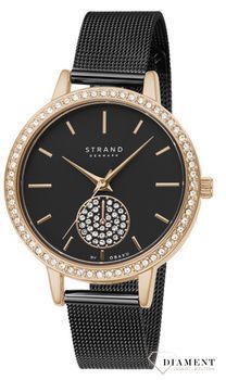 Zegarek damski STRAND Denmark S705LXVBMB. Strand Denmark to elegancki zegarek damski z oryginalną, czarną tarczą, ozdobioną błyszczącymi kryształami Swarovskiego. Zegarek damski posiada indeksy w kolorze różowego zł8.jpg