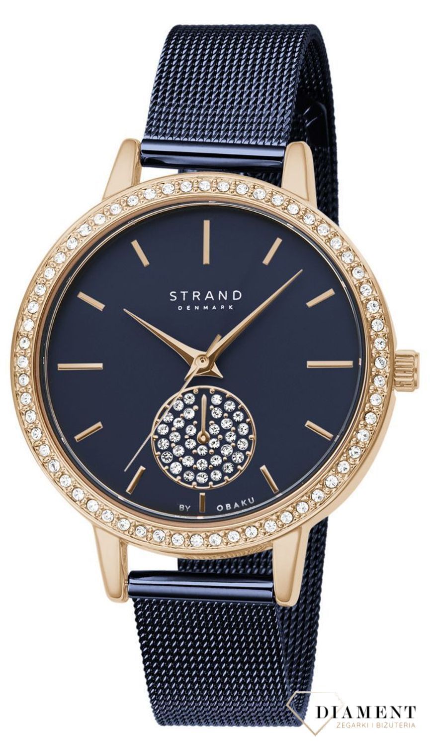 Zegarek damski STRAND Denmark S705LXVLML . Strand to elegancki zegarek damski z oryginalną, granatową tarczą, ozdobioną błyszczącymi kryształami Swarovskiego. Zegarek damski posiada indeksy w kolorze różowego złota8.jpg