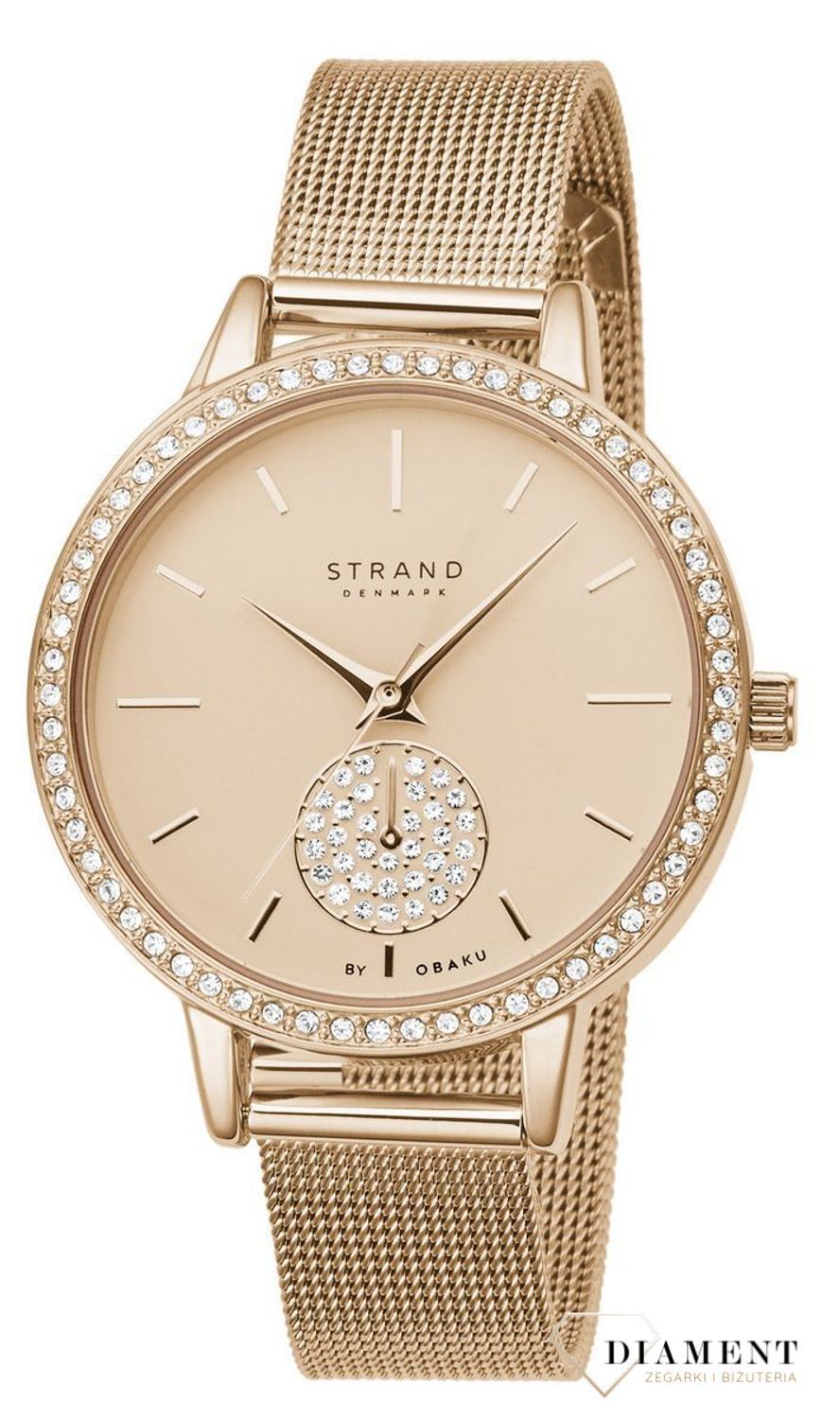 Zegarek damski STRAND Denmark S705LXVVMV.  Strand Denmark to elegancki zegarek damski z oryginalną, różową tarczą ozdobioną błyszczącymi kryształami Swarovskiego. Zegarek damski posiada indeksy w kolorze różowego zł8.jpg