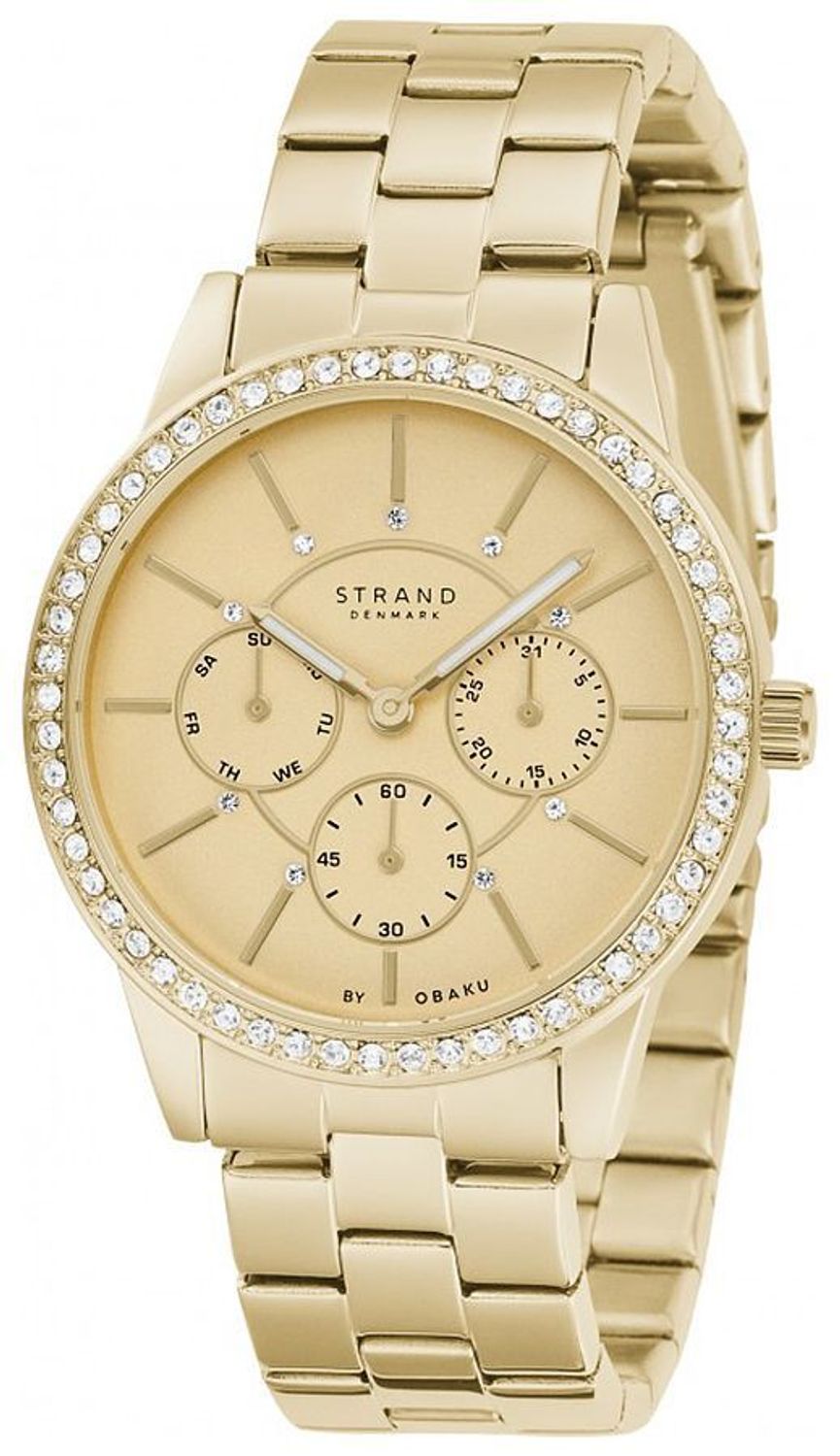 Zegarek damski na bransolecie  z cyrkoniami Strand S707LMGGSG. Duży złoty zegarek z rozbudowanym datownikiem w postaci trzech kółek na tarczy. ⌚.jpg