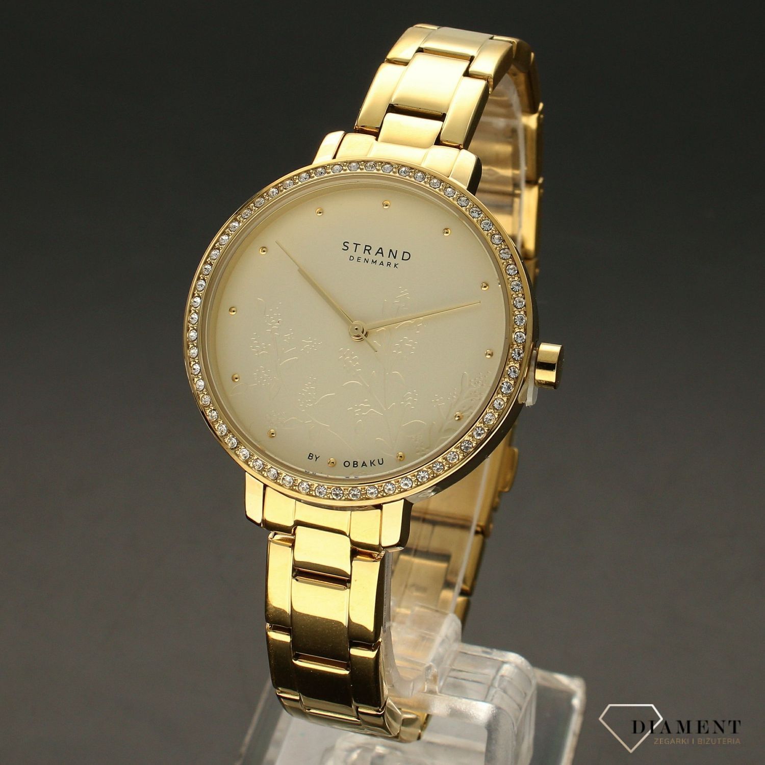 Zegarek damski złoty na bransolecie z motywem kwiatowym Strand S712LXGGSG.jpg