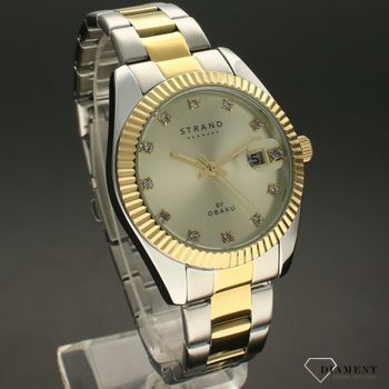 Zegarek damski na bransolecie w kolorze różowego złota z niebieską tarczą i błyszczącymi indeksami Strand S721LDFGSF.  (1).jpg