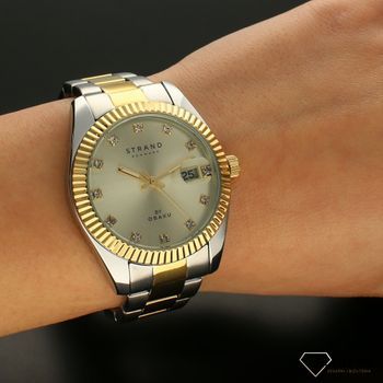 Zegarek damski na bransolecie w kolorze różowego złota z niebieską tarczą i błyszczącymi indeksami Strand S721LDFGSF.  (5).jpg