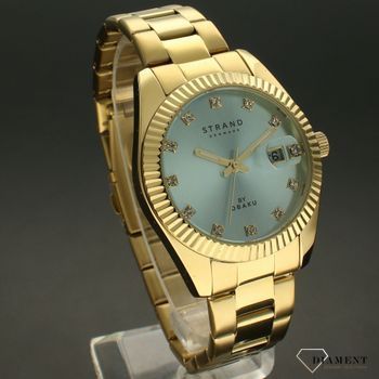 Zegarek damski na bransolecie w kolorze żółtego złota z błękitną tarczą i błyszczącymi indeksami Strand S721LDVLSV.  (1).jpg