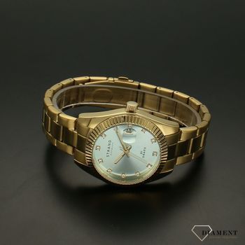 Zegarek damski na bransolecie w kolorze żółtego złota z błękitną tarczą i błyszczącymi indeksami Strand S721LDVLSV.  (3).jpg