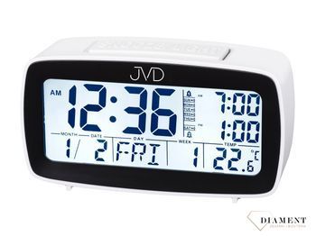 Budzik cyfrowy czeskiej marki JVD w biało-czarnej kolorystyce. Budzik z termometrem, kalendarzem oraz alarmem na każdy dzień tygodnia..jpg