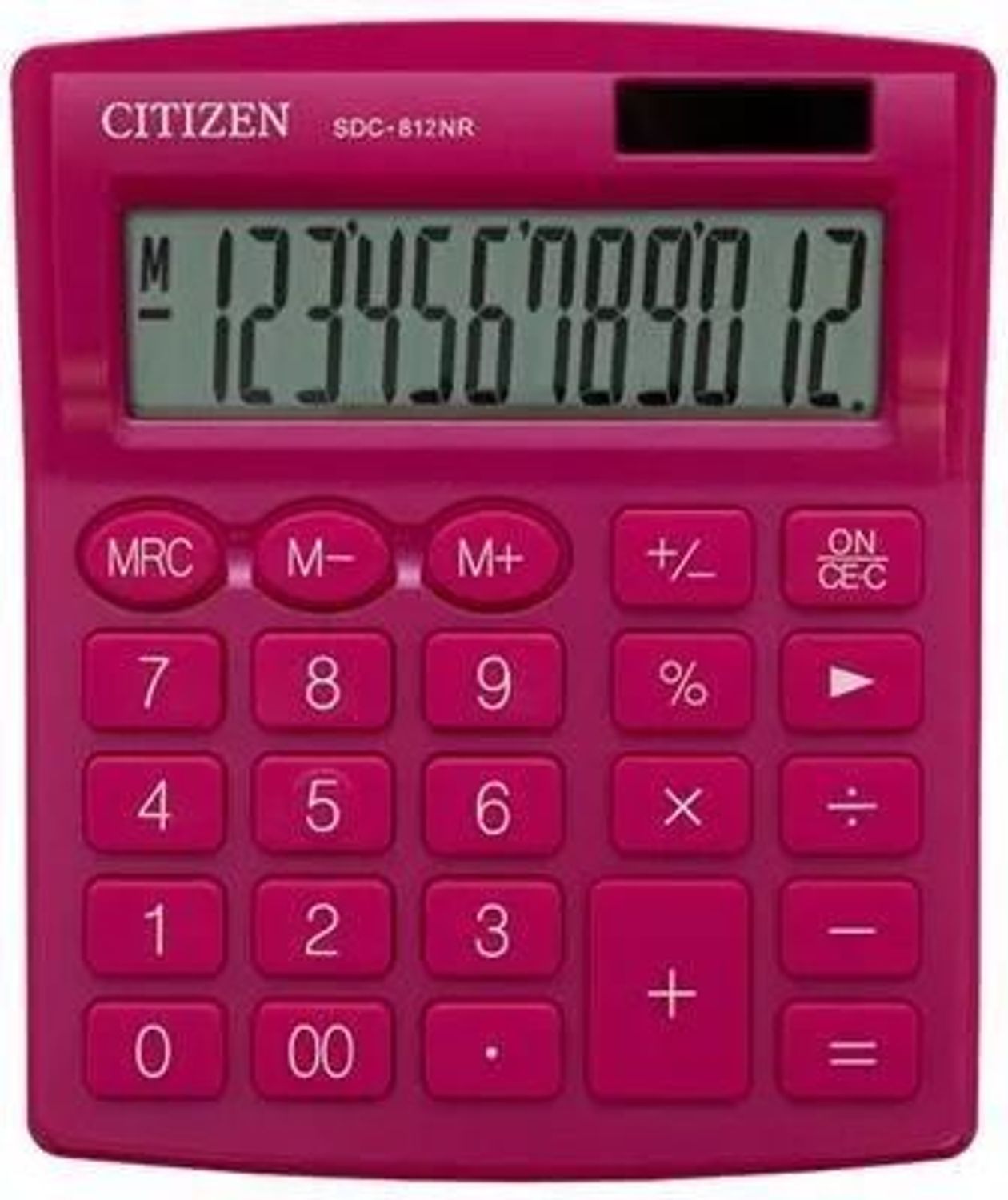 Citizen SDC-812NRPKE to różowy kalkulator biurowy 12-cyfrowy z pamięcią MRCM+M-, podwójnym zasilaniem (bateria + solar) i funkcjami procentów, podwójnego zera oraz zmiany znaku.2.jpg