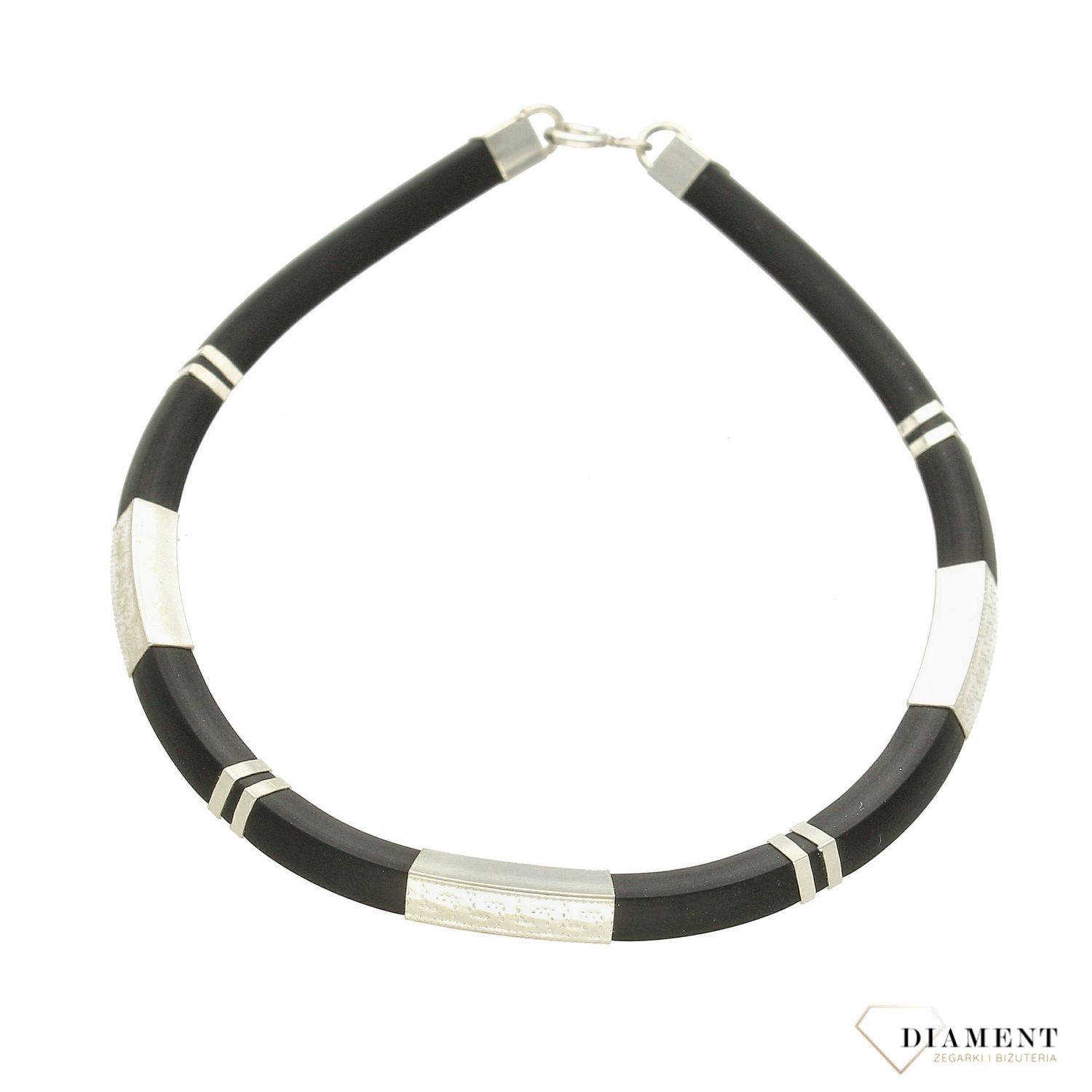 Bransoletka kauczukowa z dodatkami srebrnymi SIL0002B. Bransoletka męska wykonana z czarnego kauczuka. Bransoletka męska z ozdobnymi elementami wykonanymi z wysokiej jakości srebra. Bransoletka zapinana na  (1).jpg