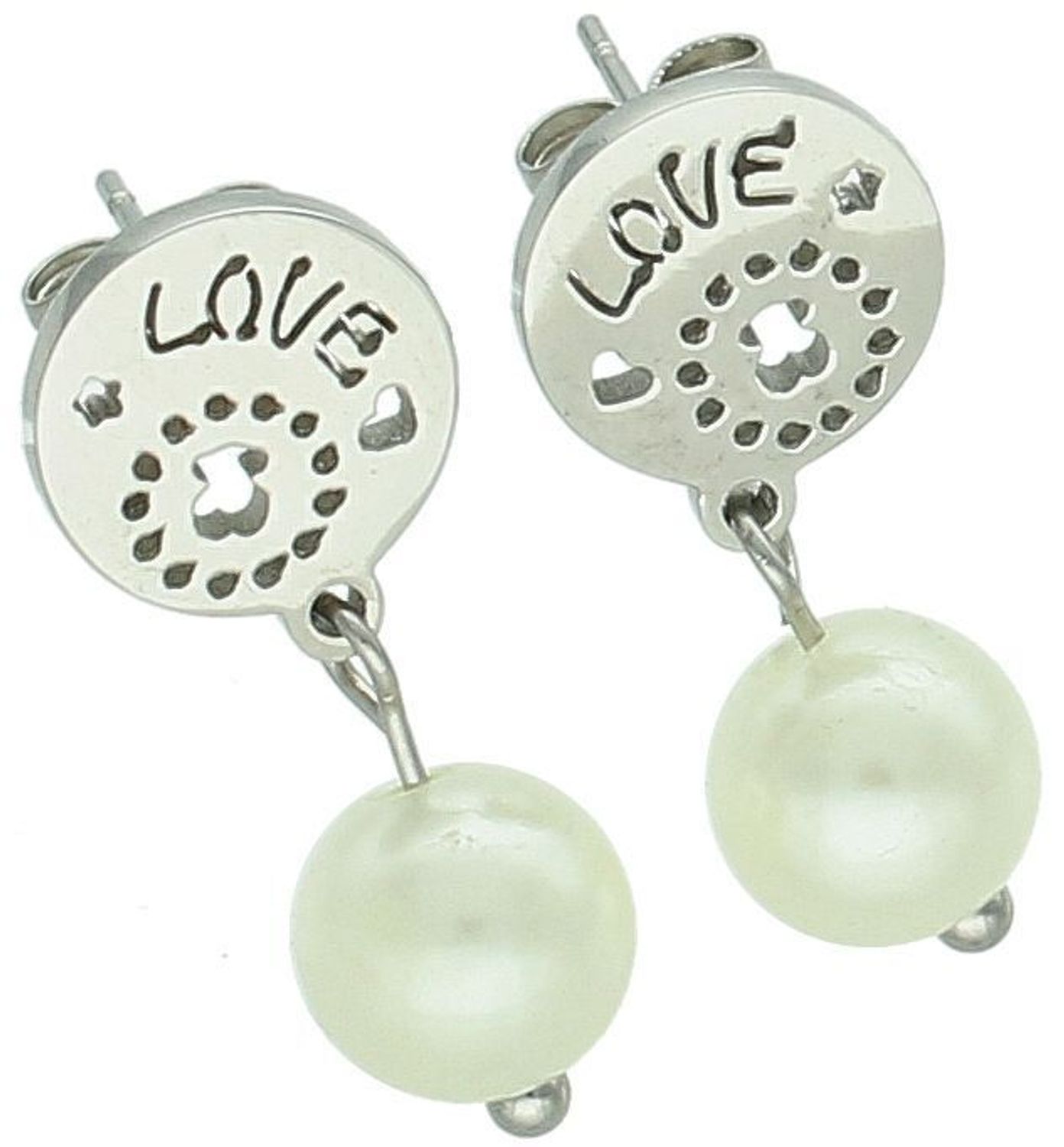 Romantyczne kolczyki stalowe SKO17 z perełką, napisem love i małym misiem. Długość 2,2 cm, szerokość 1,0 cm. Subtelna biżuteria – idealna na prezent!11.jpg