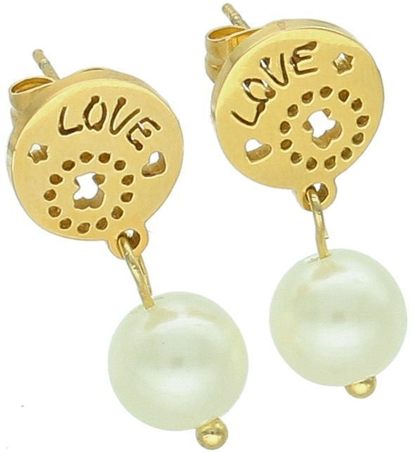Kolczyki stalowe pozłacane SKO17Z z kółeczkiem „LOVE” i wiszącą syntetyczną perełką. Długość 2,1 cm. Elegancka i romantyczna biżuteria dla kobiet.1.jpg