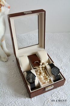 Elegancka szkatułka w kolorze brązowym na biżuterię i zegarki. Wnętrze pudełka wykonane z weluru w kolorze beżowym. Ta elegancka szkatułka świetnie sprawdzi się jako dodatek w garderobie. (2).JPG