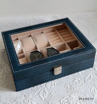Elegancka szkatułka w kolorze niebieskim na biżuterię i zegarki. Wnętrze pudełka wykonane z weluru w kolorze beżowym. Ta elegancka szkatułka świetnie sprawdzi się jako dodatek w garderobie. (4).JPG