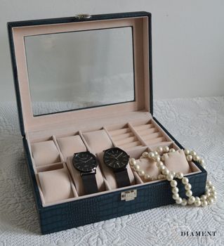 Elegancka szkatułka w kolorze niebieskim na biżuterię i zegarki. Wnętrze pudełka wykonane z weluru w kolorze beżowym. Ta elegancka szkatułka świetnie sprawdzi się jako dodatek w garderobie..JPG