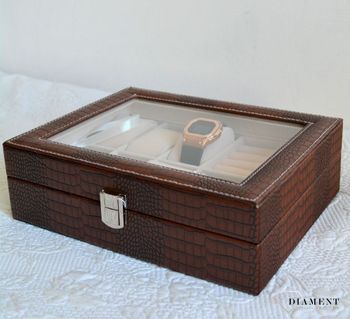 Elegancka szkatułka w kolorze brązowym na biżuterię i zegarki SP-1814A21. Wnętrze pudełka wykonane z weluru w kolorze beżowym. Kasetka na zegarki i biżuterię (1).JPG