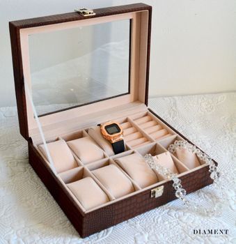 Elegancka szkatułka w kolorze brązowym na biżuterię i zegarki SP-1814A21. Wnętrze pudełka wykonane z weluru w kolorze beżowym. Kasetka na zegarki i biżuterię (2).JPG