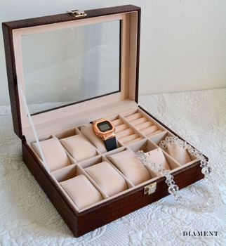 Elegancka szkatułka w kolorze brązowym na biżuterię i zegarki SP-1814A21. Wnętrze pudełka wykonane z weluru w kolorze beżowym. Kasetka na zegarki i biżuterię (3).JPG