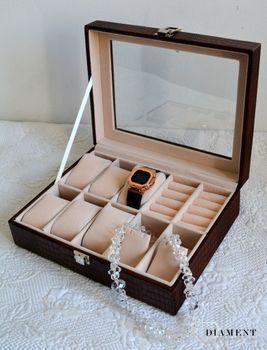Elegancka szkatułka w kolorze brązowym na biżuterię i zegarki SP-1814A21. Wnętrze pudełka wykonane z weluru w kolorze beżowym. Kasetka na zegarki i biżuterię (4).JPG
