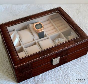 Elegancka szkatułka w kolorze brązowym na biżuterię i zegarki SP-1814A21. Wnętrze pudełka wykonane z weluru w kolorze beżowym. Kasetka na zegarki i biżuterię (5).JPG