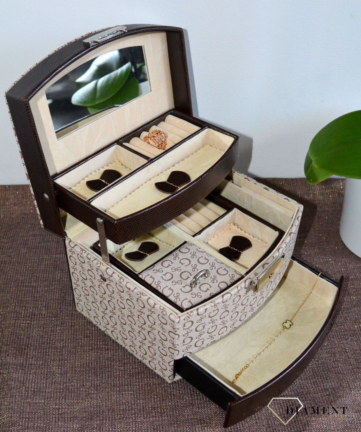 Szkatułka na biżuterię damska w jasnym kolorze z wzorem 3 poziomowa SP-270A20A21. Szkatułki do przechowywania biżuterii. Połączenie niezwyklej funkcjonalności. Kuferki na biżuterię (7).JPG